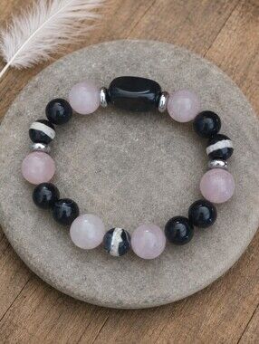 Rose Quartz & Black Onyx Beaded Bracelet | Handmade